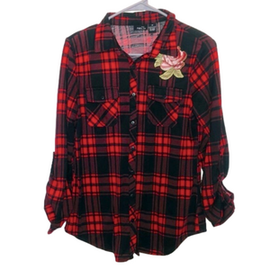 RUE21 Red Plaid Flannel w. Rose Patch